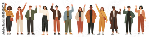 Smile people waving. Multicultural standing person hand wave, teenagers fashion clothes greeting friend college students coworkers say hi hello welcome to team vector illustration