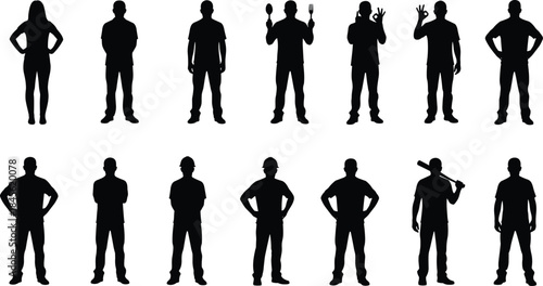 Collection of diverse full-body black silhouettes, including men and women in various standing poses, representing casual, service, and manual labor occupations with hand gestures