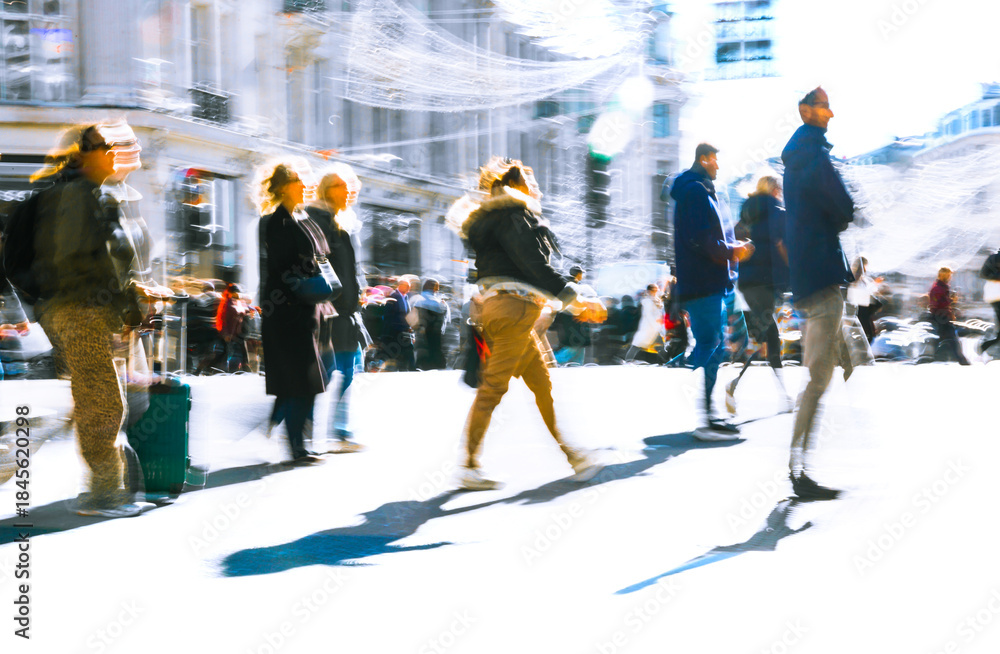 Obraz premium Postmodernism style, artistic motion of people with shopping bags crossing Oxford Circus junction at sunny day. London