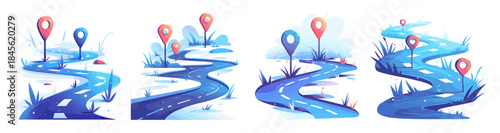 Winter road route. Road trip curve path with location pins, christmas holidays travel navigation map progress steps snowy routes icons cartoon game level maps vector illustration