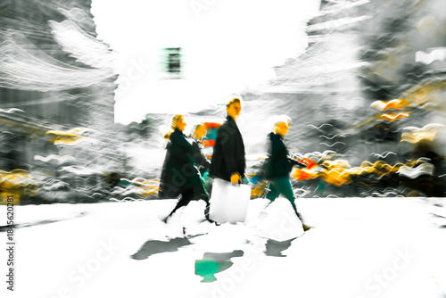 Postmodernism style, artistic motion of people with shopping bags crossing Oxford Circus junction at sunny day. London