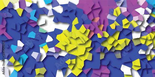 Colorful abstract mosaic of irregular geometric shapes in blue, purple, yellow, and cyan with shadow effects creating a vibrant and dynamic visual pattern