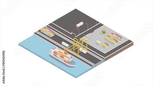 Wallpaper Mural Isometric cargo port with cranes unloading containers from container ship with cargo ship at marine terminal. Scene for port warehouse, container sea line, maritime transportation. Torontodigital.ca