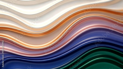 Abstract wavy lines in shades of white, beige, brown, pink, purple, blue, and green creating a colorful layered pattern
