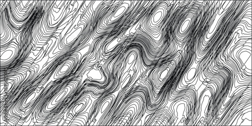 Dynamic black and white contour map pattern with swirling lines and enclosed shapes creating an intricate and energetic abstract visual representation of topography or flow