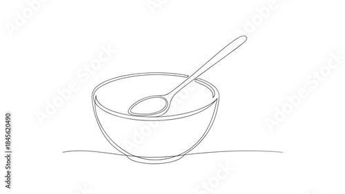 A simple, continuous line drawing of a bowl with a spoon resting inside it.