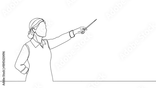 A minimalist line drawing of a woman in a collared shirt pointing with a stick against a white background.