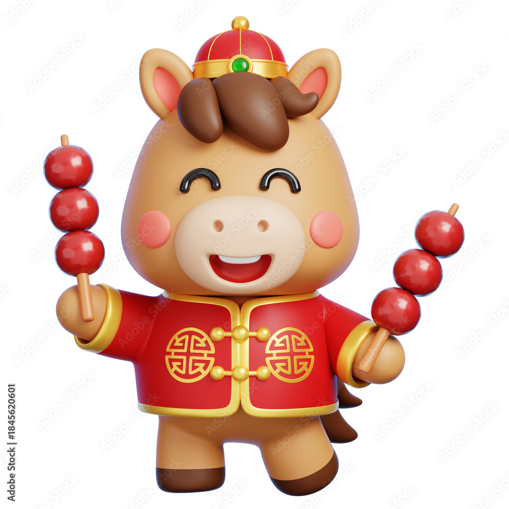 Naklejka premium Chinese New Year 2026 Cute 3D Horse Mascot Holding Tanghulu Isolated