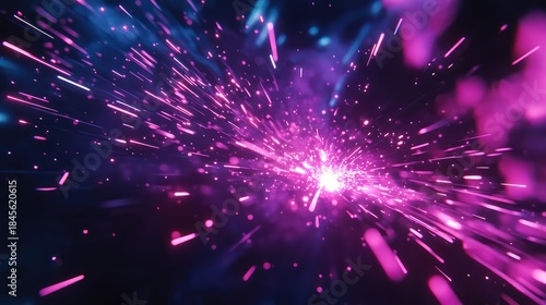 Bright pink and purple glowing sparks radiate from a central burst, creating a vibrant, high energy abstract background with a futuristic and technological feel