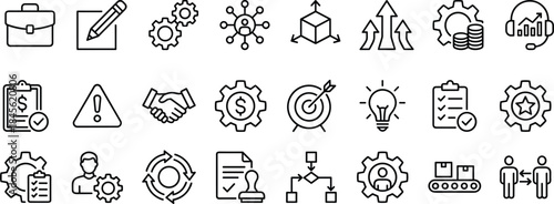 Business management icon set, workflow strategy symbols, finance planning tools, teamwork process elements, outline style, cad drawing flat vector illustration