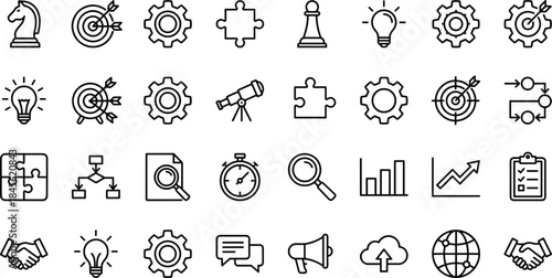 Business strategy line icons set, planning goals teamwork innovation symbols, management process analytics concepts, minimal outline style, cad drawing flat vector illustration