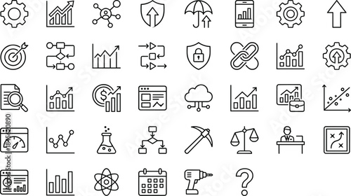 Business workflow management icon set, strategy planning symbols, finance analytics tools, corporate process elements, outline style, cad drawing flat vector illustration