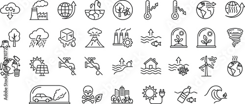 Climate change environment line icons set, ecology sustainability global warming symbols, renewable energy concepts, minimal outline style, cad drawing flat vector illustration