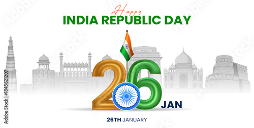 India Republic Day 26 January Typography Design with Ashoka Chakra and Famous Indian Landmarks