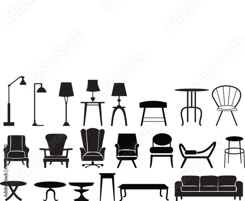 Black Furniture Silhouettes & Home Decor Clip Art Collection - Furniture Silhouette Vector Set- Furniture, Silhouette, Vector, Interior Design, Chair, Lamp, Sofa, Table, Home Decor, Icon Set, Living R