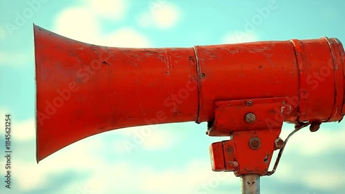 Old Red Megaphone Speaker Against Cloudy Sky.