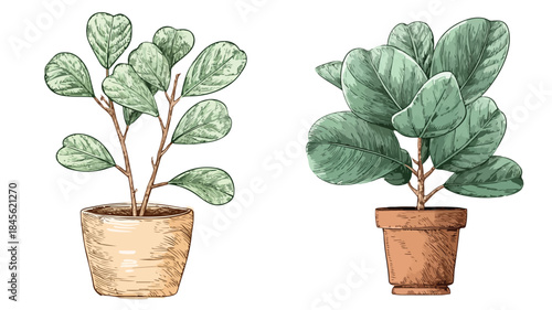 Detailed Drawing of Green Leaf Plant in Brown Pot - Botanical Illustration
