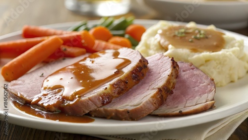Holiday dinner plate with sliced ham, gravy, mashed potatoes and vegetables, traditional Christmas meal, perfect for seasonal recipes, blog content, menus, and ads