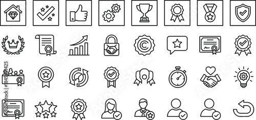 Quality assurance line icons set, rating trust certification achievement symbols, customer satisfaction guarantee concepts, minimal outline style, cad drawing flat vector illustration