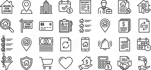 Real estate rental icon set, property lease management symbols, housing finance tools, landlord tenant process, outline style, cad drawing flat vector illustration