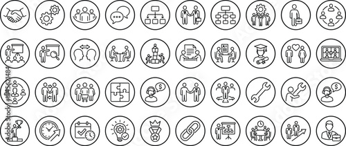Teamwork collaboration line icons set, business communication leadership management symbols, human resources cooperation concepts, minimal outline style, cad drawing flat vector illustration