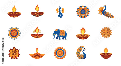 Collection of fifteen colorful icons for the Indian festival of Diwali, including diya lamps, mandalas, elephants, and peacocks.