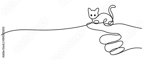 Black line drawing of a cat sitting on a rock formation