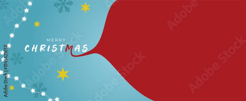 A bright Christmas scene features a blue left side with snowflakes and twinkling stars, while a bold red Santa cloak sweeps across the right. Evokes festive mood, holiday warmth, and family celebratio