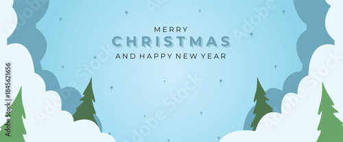 A serene blue winter scene featuring snow drifts, pine trees and gentle snowfall, with a festive Merry Christmas and Happy New Year message perfect for holiday cards, banners, or seasonal marketing