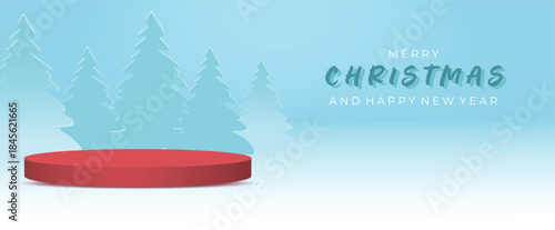 A festive winter scene featuring a red podium on a snowy foreground, soft blue gradient sky, and stylized trees. Ideal for Christmas, holiday greetings, and New Year campaigns with a calm, joyful mood