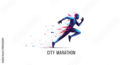 Dynamic logo or illustration of a running man in a geometric style, dissolving into particles for a city marathon event.