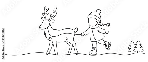 Child holding reindeer on ice skates in winter scene with trees for christmas 