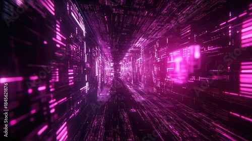 Fototapeta Naklejka Na Ścianę i Meble -  Abstract tunnel featuring a futuristic information pathway with glowing purple and pink elements, representing data flow and digital connectivity in a virtual space