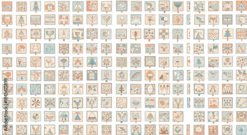 Seamless pattern background with a large grid of folk art tiles featuring minimalist nature illustrations in a pastel palette.