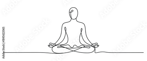 Continuous line drawing of a person meditating in lotus position