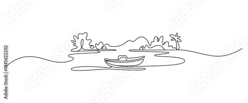 Continuous line drawing of a serene boat on a winding river with tropical island