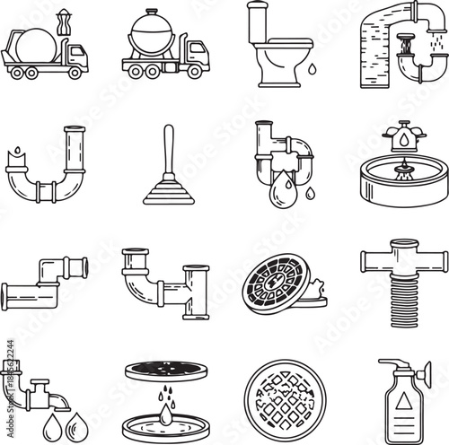Illustrations of various plumbing components and tools Vector
