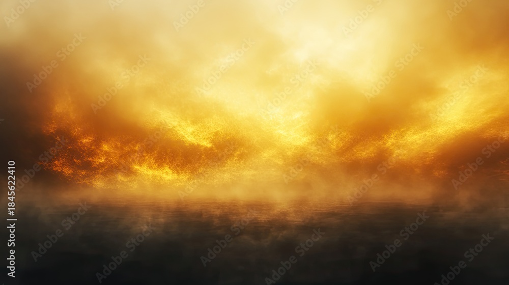 Obraz premium Abstract atmospheric scene depicting a vibrant golden sky casting an intense glow over a dark, mysterious water surface with rising mist, creating a dramatic and powerful visual