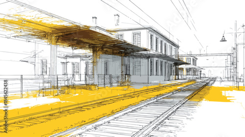 Detailed Drawing of Train Station with Yellow Line - Transportation Artwork