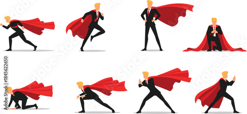 Collection of eight action poses featuring a confident blonde businessman wearing a sharp suit and a flowing red superhero cape, symbolizing success, power,