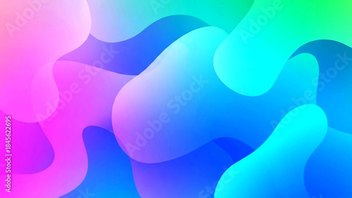 Vibrant colorful abstract shapes in pink, blue, green hues gradient background with smooth curves and rounded edges