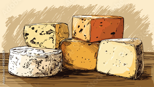 Cheeses Drawing on Brown and White Background Vector Illustration