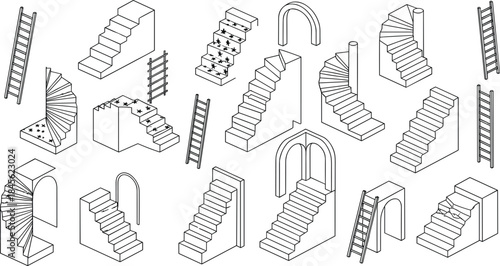 Black and white isometric outline vector collection featuring various geometric staircases, spiral stairs, steps, and construction plans, platform games, and abstract design concepts.