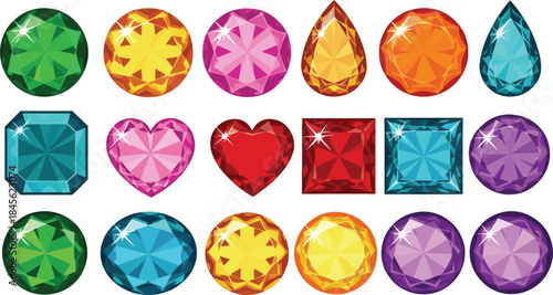 A dazzling collection of colorful, faceted  teardrop, featuring brilliant cuts in vibrant emerald, ruby, sapphire, and amethyst colors for jewelry design and luxury graphics.