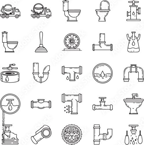 Various plumbing fixtures and tools illustration