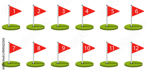 Flags on the Green A visually structured arrangement of miniature golf flags. Each flags displaying different numbers.