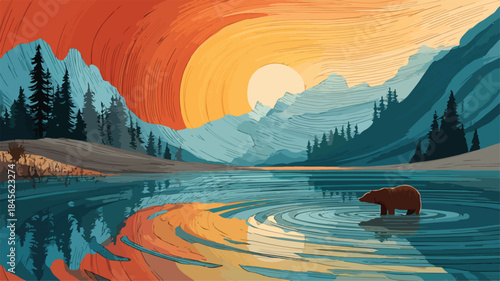 Scenic Mountain Landscape with Bear Swimming in Water Vector Illustration