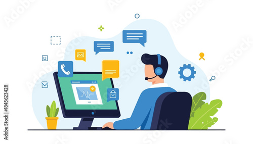 Online customer service specialist assists clients through digital channels, surrounded by communication icons