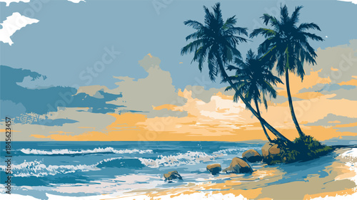 Tropical Beach Scene with Palm Trees and Ocean Painting