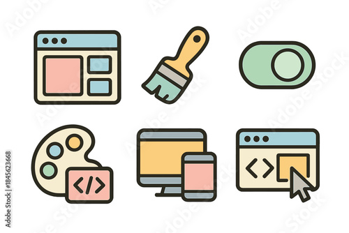 Set of creative web design icons with paintbrush and coding symbols
